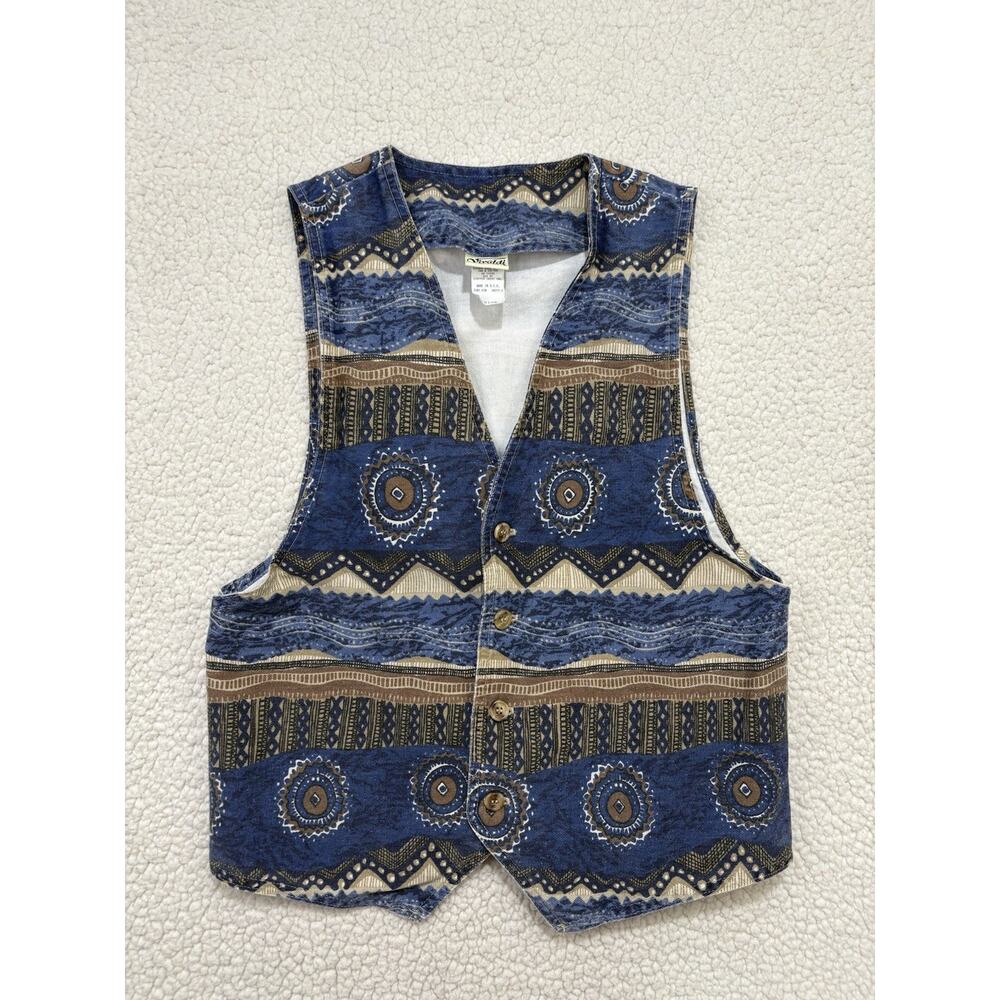 Vintage Aztec‎ Denim Vest Vivaldi Jeanswear USA Made Sz M 100% Cotton Blue Brown
